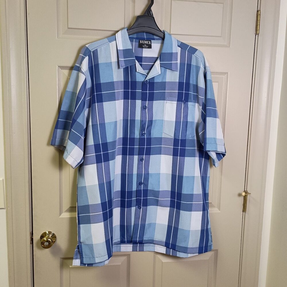 Numen Mens Plaid Button Front Size 3X Blue Windowpane Plaid Short Sleeve